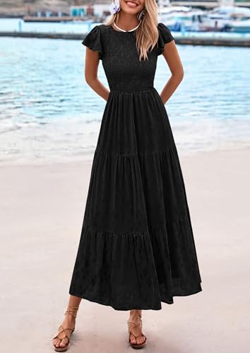 PRETTYGARDEN Midi Dresses for Women 2026 Summer Floral Cap Sleeve Smocked A Line Long Elegant Spring Wedding Guest Dress (Black,Medium) - image 8