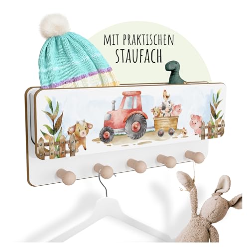 Holzura Kindergarderobe Holz mit Ablage – Wandgarderobe Kinder mit 5 Haken, Montessori Garderobenleiste