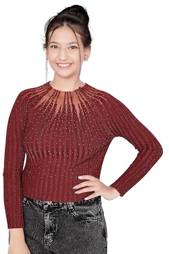 Image of ICW Women Knitted Rhinestone Embellised Daimond Studded Mesh Round Neck Long Sleeve Crop Top T-Shirt 206