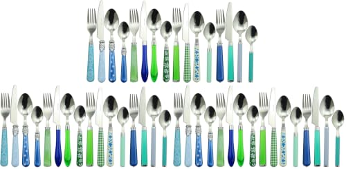 Image of Gypsy Color Eclectic Blue & Green Mix & Match Stainless Steel Flatware Collection, Set of 16 (Pack of 3)