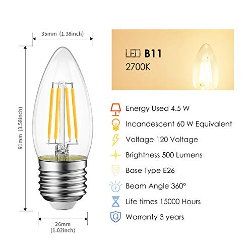 Lvwit B11 Led Filament Bulb E26 Candelabra Base 4.5W(60W Equivalent), Dimmable 2700K Warm White Chandelier Decorative Candle Light Bulb (6-Pack) #TOP3