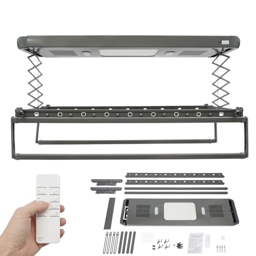 Séchoir à linge électrique pour montage au plafond, mural et au plafond avec ventilateur + télécommande + stérilisation de lumière bleue, étendoir à...