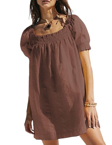 Image of Huaqiao Womens Summer Mini Dress 2026 A-Line Square Neck Puff Sleeve Beach Sundress Casual Short Dress with Pockets
