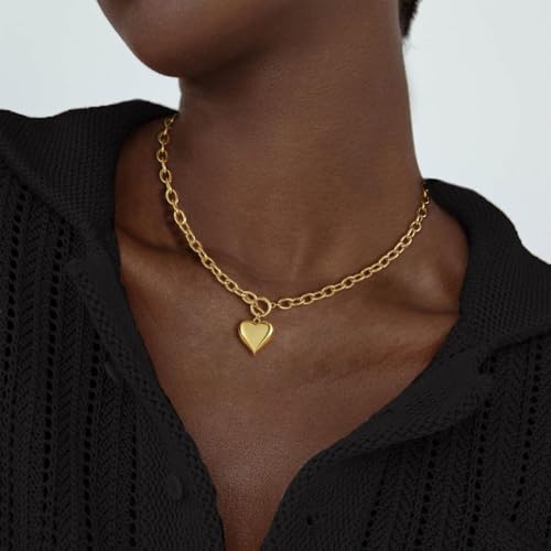 18K Gold Plated Necklace for Women, Heart Pendant Necklace Chunky Paperclip Choker Necklace for Gifts on Birthday Holidays Jewelry for Women3
