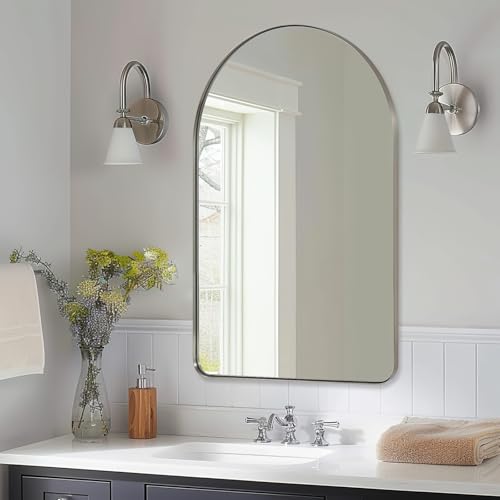 Image of ANDY STAR Arched Mirror, 22 inch x 35 inch Brushed Nickle Bathroom Mirror in Stainless Steel Metal Frame, Arch Top Rounded Corner 1 inch Deep Set Design Wall Mount Hangs Vertical