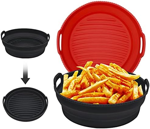 Joymicre Silicone Air Fryer Liners, 8.5Inch Collapsible for 5qt to 8qt Foldable Round Air Fryer Silicone Liner, Reusable Air Fryer Liners, Non-Stick Dishwasher Safe BPA-Free 2Pack 8.5" (Black+Red)