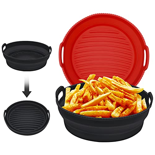 Joymicre Silicone Air Fryer Liners, 8.5Inch Collapsible For 5Qt To 8Qt Foldable Round Air Fryer Silicone Liner, Reusable Air Fryer Liners, Non-Stick Dishwasher Safe Bpa-Free 2Pack 8.5" (Black+Red) #TOP25