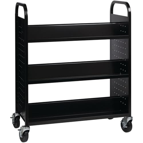 Hirsh Rolling Library or Home Office Double-Sided Sloped Shelves Book Cart with Lockable Wheels in Black