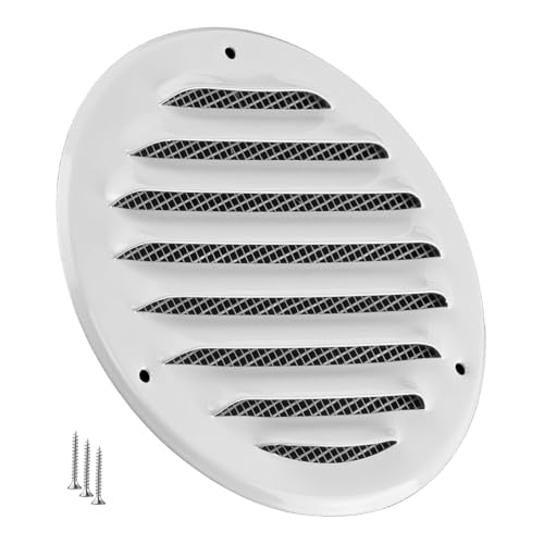 TURvent Cubierta de ventilación redonda de 4 pulgadas para pared y techo, rejilla de aire de retorno de HVAC blanca con malla, rejillas de ventilación de metal para uso en exteriores e interiores