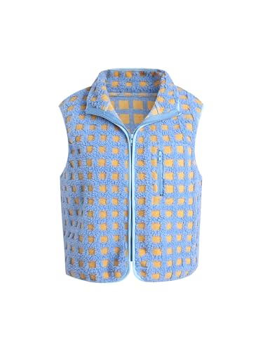 Mxiqqpltky Checkered Sherpa Vest for Women Y2k High Neck Zip Up Plaid Fleece Vest Fall Winter Lightweight Sleeveless Jacket4