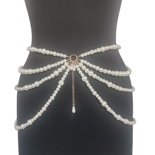 Multi Layered Long Metal Big Pearl Waist Chain Belt Trendy Pearl Waistband White Pearl Tassel Hip Belly Body Chain Festival Rave Waist Belt Sweater Dress Pearl Belt for Women (Silver)3