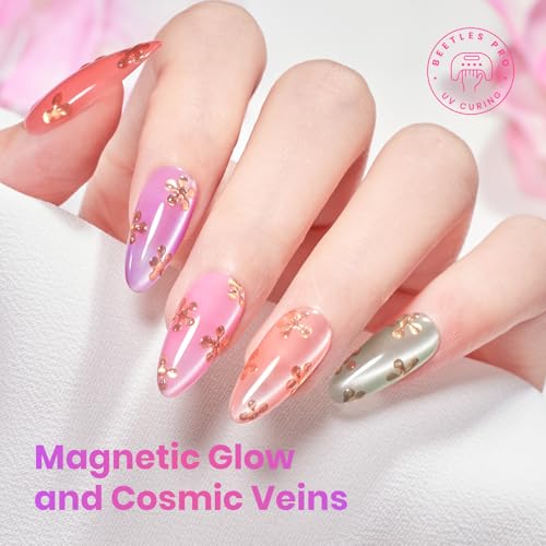 Image of Beetles Fairy Garden Cat Eye Gel Nail Polish Set - 6 Colors 15ML Full Size Spring Gel Polish Kit Glitter Pink Purple Blue Orange Red Green Magnetic Effect Soak Off UV Nail Art DIY Manicure