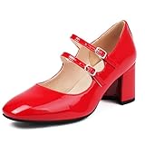 Urrtreusor Mujer'S Mary Jane Zapatos Charol Cuero Retro Low Tacón Chunkys Pump Zapatos for Mujer Double Al Tobillo Pumps Red Sze 41