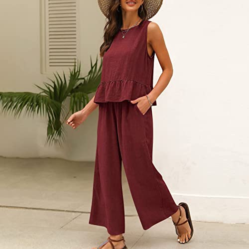 Linen Set For Women Summer Sleeveless Ruffle Hem Round Neck Flared Crop Tank Top And Wide Leg Pants Vacation Outfits #TOP3