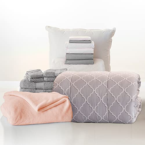 OCM College Dorm Room Essentials 16-Piece Starter Pak | Twin XL Bedding, Mattress Pad, Comforter, Sheets, Towels and More | Olivia Gray | Trellis Geometric, Light Gray and White