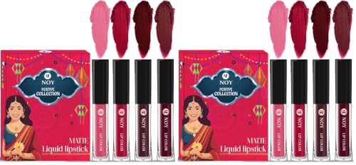 Image of Noy Liquid Matte Lipstick Festival Pack 4 Bright Colors Peach, Cherry Pink, Coffee Wine, Maroon Shades (Pack of 2)