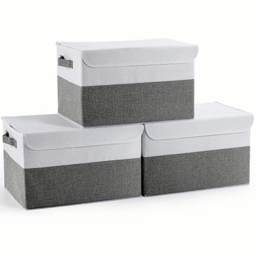 E-MANIS Cajas de almacenamiento plegables grandes con tapas, cesta de almacenamiento de tela, asas para organizar estantes, guardarropa, oficina, gris y blanco Cover
