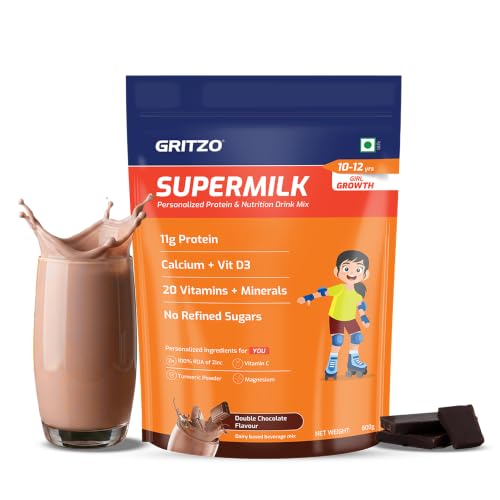 Image of Gritzo SuperMilk Growth (10-12y Girl), Double Chocolate, 800g | 11g Protein with 20 Vitamins & Minerals | Zero Refined Sugar