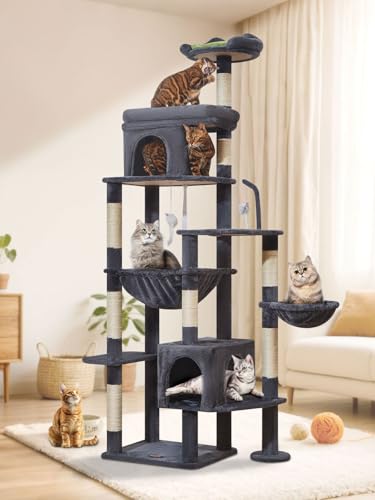 Taoqimiao MS032G 83In Cat Tree for Indoor Cats Large Adult, XXL-Cat Tower, Suitable 20lb+ Heavy Duty Large Cats, 2 Luxurious Cat Cando with 8 Scratching Posts,Oversized Metal Hammocks,Smoke Gray