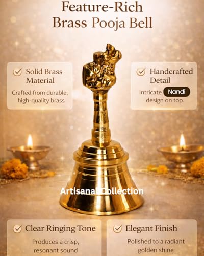 Image of 5- Inch Brass Bell for Pooja Room with Nandi Motif - Handcrafted Solid Brass Ghanti for Pooja, Aarti & Meditation - Premium Spiritual Temple Bell - Durable, Polished Finish