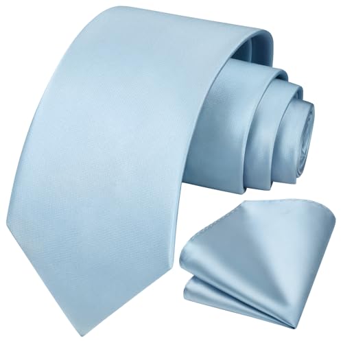 HISDERN Tie for Men Haze Blue Tie and Pocket Square Set Classic Neck Ties for Wedding Party Business Work Neckties