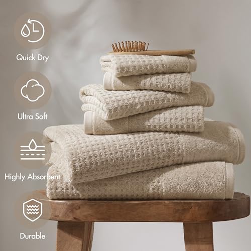 Madison Park Spa Waffle 100% Cotton Luxurious Towel Set, Premium Texture Waffle Weave, Highly Absorbent, Quick Dry, Hotel & Spa Quality Wash Clothes for Bathroom, Assorted Sizes, Natural 6 Piece by Madison Park - Image 4