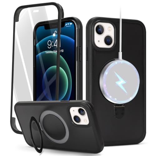 Image of Zouzt Matte Case for iPhone 13 Mini 5.4" with Screen Protector, Glass Screen Protector 360 Full Body Protective Shockproof Frosted Stand Phone Case for iPhone 13 Mini, Anti-Fingerprint - Black