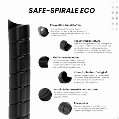 Safeplast ECO Safe-Spirale Hydraulik Schlauchschutz-spirale Ø 32 mm - Schutz für Hydraulikschläuche, Kabelschlauch und Kabel, UV-beständig, Abriebfest und flexibel Kabelspirale, schwarz, 5m Länge