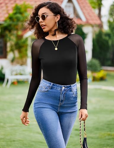 Totatuit Women Floral Mesh Long Sleeve Top Crewneck Double Lined Fitted Basic Shirts with Thumb Holes Going Out Tops3