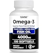 Fish Oil Omega 3 (4000mg), 180 Softgels,Omega 3 Fatty Acid Supplements with EPA &amp; DHA for Brain &amp;...