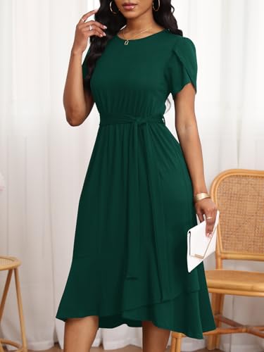 Image of PerZeal Women's Summer Dress Casual Ruffle Sleeve Crewneck A-Line Tiered Flowy Short Sleeve Long Dress with Belt