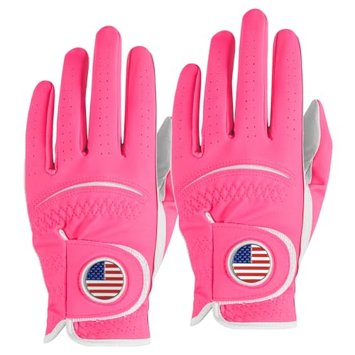 FINGER TEN Golf Gloves Men with Ball Marker 2 Pack (Pink, Small, Left)