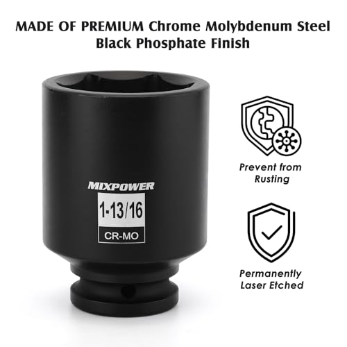 Image of MIXPOWER 3 /4 inch Drive Deep Impact Socket, CR-MO, 1-13 /16 inch, SAE, 6 Point, Axle Nut Impact Grade Socket for Easy Removal