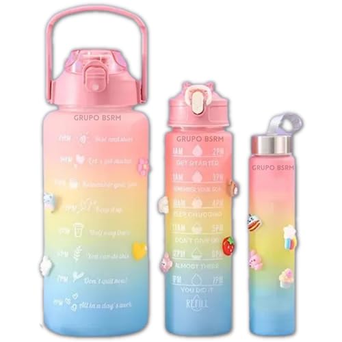 Kit 3 em 1 Garrafa Motivacional Academia Água Galão Fitness Adesivos 3D 2D Antivazamento (Rosê)