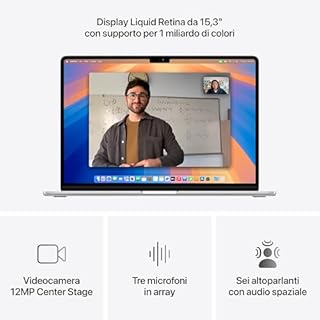 Apple Portatile MacBook Air 15'' con chip M4 (2025): progettato per Apple Intelligence, display Liquid Retina da 15,3'', 16GB di memoria unificata, 256GB di archiviazione SSD, Touch ID; Argento
