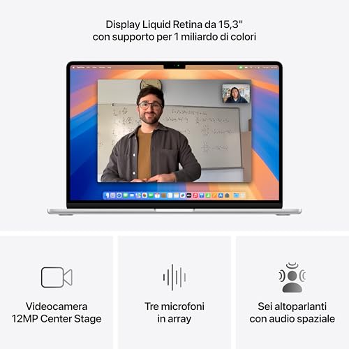 Portatile MacBook Air 15'' con chip M4 (2025): progettato per Intelligence, display Liquid Retina da 15,3'', 16GB di memoria unificata, 256GB di archiviazione SSD, Touch ID; Argento - Notebook - Immagine 2