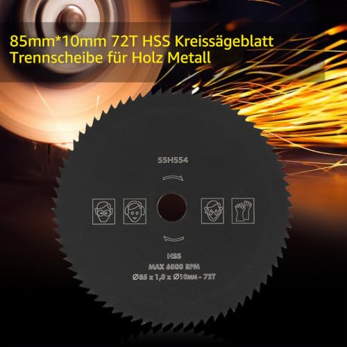 2 Stück HSS Sägeblatt Kreissägeblätter, 85 mm x 10mm, 72 Zähne, Multi Material Kreissägeblätter, Trennscheiben für Holzbearbeitung, Holz, Metall, PVC, Aluminium, Schneidrad