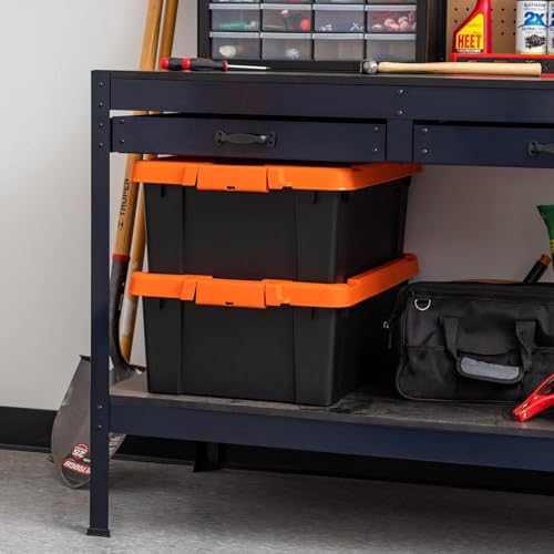 Image of IRIS USA 4 Pack 12 Gallon Lockable Storage Bins, Heavy Duty Stackable Containers with Lids for Garage Organization or Moving, Black /Orange