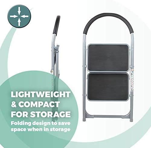 OurHouse SR20057 2 Wide Rubber Tread Steel Step Ladder, Slip-Resistant Feet, Indoor Use, 150 kg Maximum Weight, Grey
