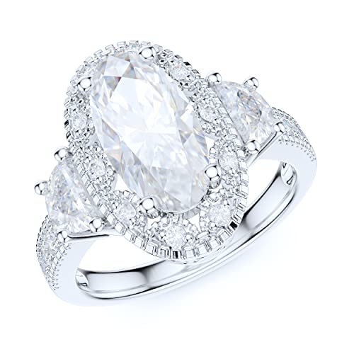 Sterling Silver Vintage Milgrain 3CT Simulated Oval Cut & Half Moon Stone Diamond Halo Engagement Ring