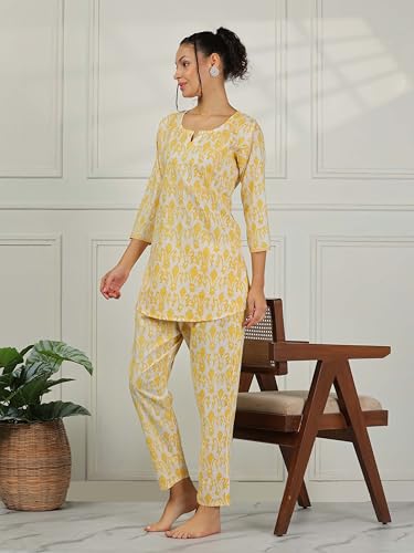 Image of 9shines Label Pure Cotton Printed Women Top & Pyjama Set | Pyjama co-ord Set | Night Suit | Lounge wear for Home | Nightwear Set for Women | Night Dress for Women Stylish (COPJ-5)