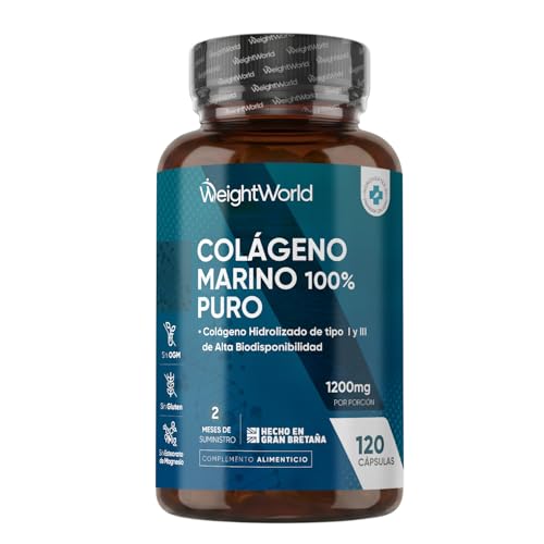 Colágeno Marino Hidrolizado 100% Puro 1200 mg   120 Cápsulas de Péptidos de Colágeno de Pescado Hidrolizado Tipo I y III   Suministro para 2 Meses, Sin Gluten y Sin OGM