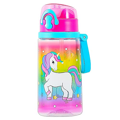 18 oz Cute Water bottle with Straw for Girls, BPA FREE Tritan & Leak Proof One Click Open Flip Top & Easy Clean & Soft Carry Loop (Unicorn)