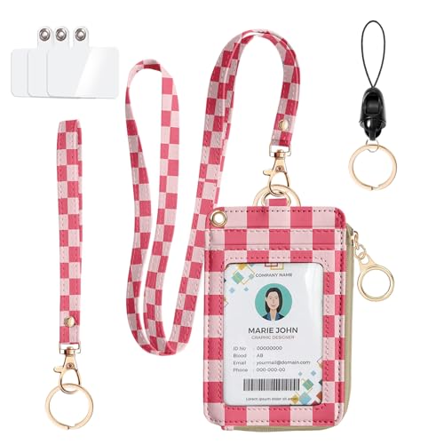 bolimoss Checkered Lanyard Wallet with Id Badge Holder RFID Wristlet Keychain Wallet for Women Zip Card Holder with ID Window, Side Zipper Coin Purse, Detachable Wrist Neck Strap