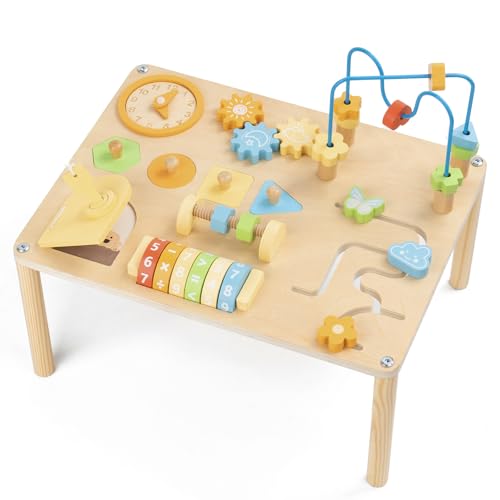 KDSFT Activity Table for 1 Year Old, 8 in 1 Macaron-Colored Montessori Toys, Baby Activity Table with Bead Maze & Shape Sorter, Educational Sensory Table for Girls Boys 12+ Months