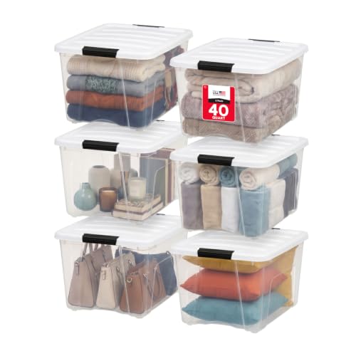 Image of IRIS USA 40 Qt Storage Bins with Lids, 6 Pack, Clear /White | Versatile storage for clothing, linens, seasonal decor, closet organization, and shelving units.