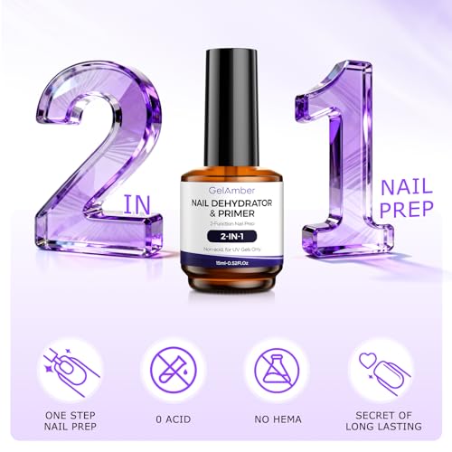 GELAMBER 4Pcs 15ml Nail Dehydrator and Primer 2-in-One with Gel Base and Top Coat Set, Cuticle Oil and Nail File, Acid-Free No Wipe Essentials for Shiny & Long-Lasting Natural Manicure