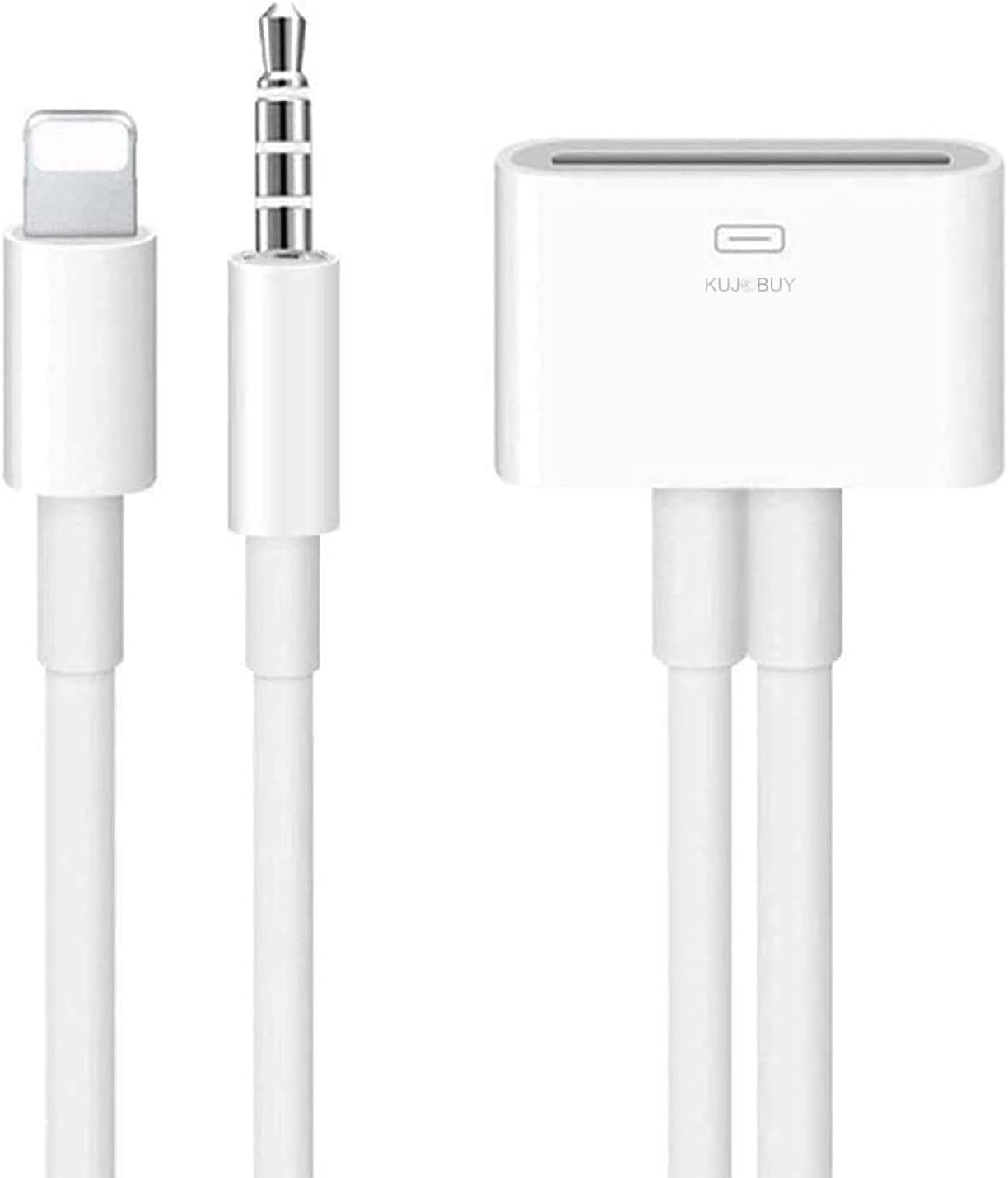KUJOBUY 30-Pin Adapter 8-Pin to 30 Pin Female Converter with 3.5mm AUX Audio Cable Charging Sync Cord Car Convertor White Compatible with iPhone iPod iPad Universal Car Soundsystem Dock Station