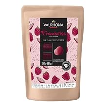 Valrhona Premium Raspberry Couverture Drops. 100% All Natural. Made with Freeze Dried Raspberry Powder. Easy Melt. Intense Creamy Color and Flavor. Great for Sauces and Desserts. 250g Pack of 1
