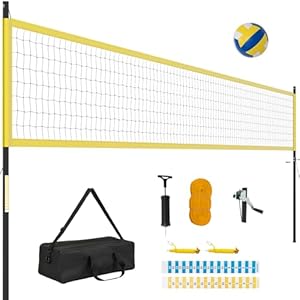 COSTWAY Volleyballnetz Outdoor, 9, 5 x 1 m Pool Volleyball Netz Höhenverstellbar mit Ständer, Volleyball, Hammer, Pumpe & Tragetasche, tragbare Beachvolleyball für Garten, Strand, Hinterhof (Gelb)